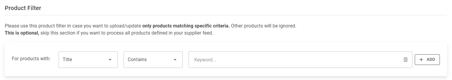 Shopify product upload, Product Filter